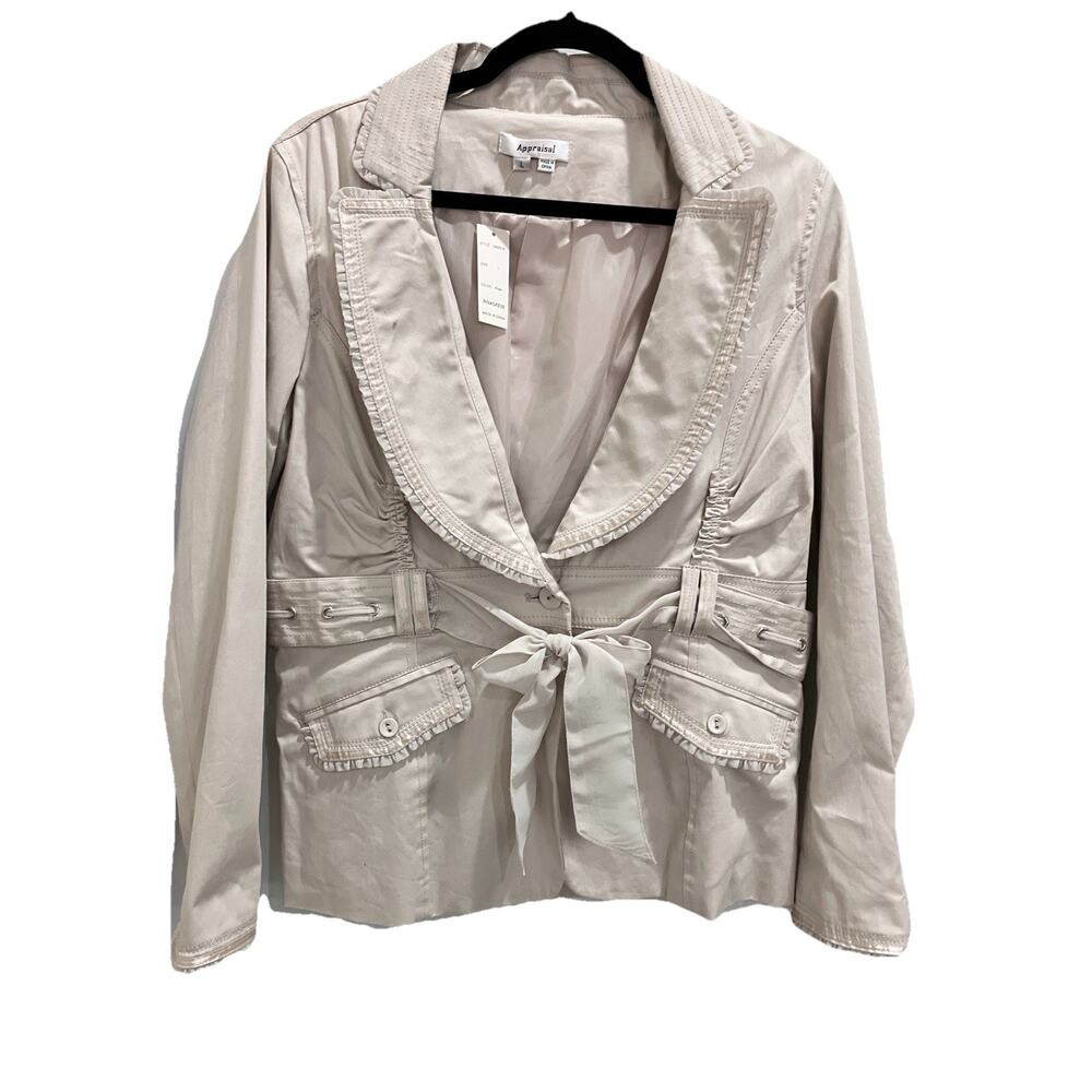 Appraisal Blazer Jacket Size L Pockets,Belted, Lined, Ruffle Trim NWT